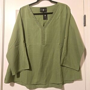 Ashley Stewart Green Tunic with Embellished Neckline, Size 1X